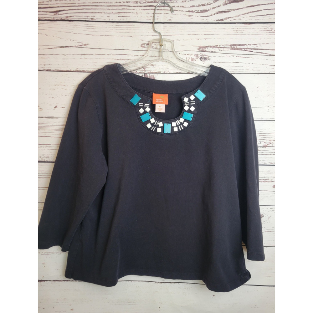 Hearts Of Palm Embellished Beaded Top Black Knit 3/4 Sleeve Boho Women's Size XL